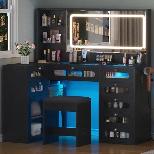 CollaredEagle Sturdy Modern Farmhouse Makeup Vanity Desk with Adjustable Lighted Mirror, 3 Color Modes, Dual RGB Drawers, Tempered Glass Storage Cabinet, 2 Open Shelves, Built-In Metal Charging Station for Phones & Laptops, Apartment Furniture