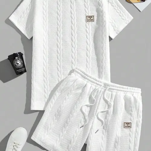 Men's 2-Piece Casual Sporty Chic Jacquard Textured Summer Set - Round Neck Shortsleeve T-Shirt & Shorts, Breathable for Daily Leisure Vacation, Menswear Matching Outfit