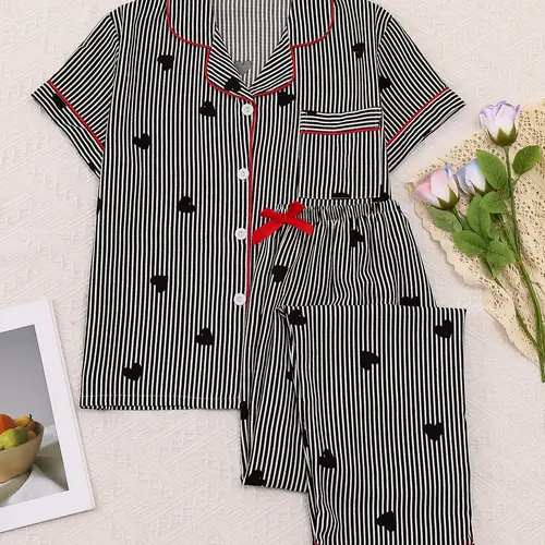 Women's Sleepwear Set, Feminine Sweet Casual Home Clothes Loungewear, Short Sleeve Pajamas Bow Tie Pants, Elegant Simple Striped Heart Print, Pajama Sets, All Seasons Wear