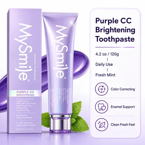 MySmile Purple Teeth Whitening Color Corrector Toothpaste - Mint Flavored, Moisturizing, Fragrance-Free, Deep Clean, Peroxide-Free, with Hydroxyapatite, Peppermint Oil, Purified Water, Sodium Bicarbonate