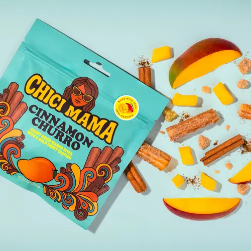 Chici Mama Churro Cinnamon Crystallized Coated Fruity Chewy Dried Mango Bites - 100% Real Dried Fruits, Vegan, Natural Ingredients, Spicy-Sweet Ambient Treat, Resealable Bag, Office Snacks for Dessert Lovers