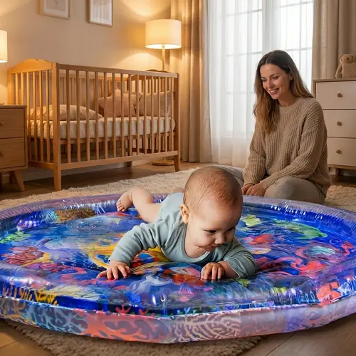Large Blue Inflatable Baby Belly Time Water Play Mat, Nursery Development Mat, Sensory Color Grasp Stimulate Toy, Ocean Animals Design, Suitable for 3+ Years, Tummy Time Mat