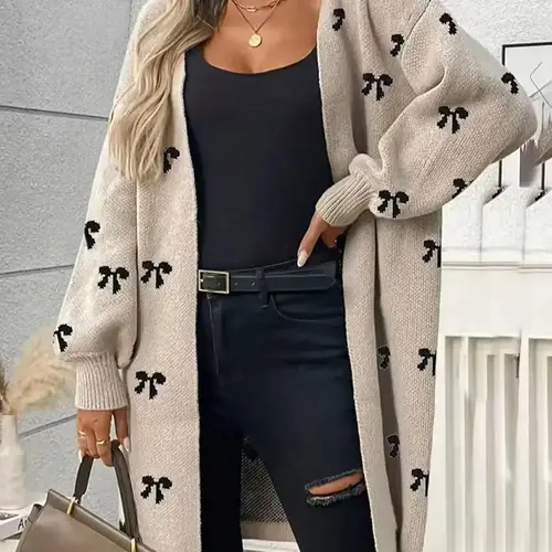 Autumn Winter New High-End Bow Pattern Knit Long Cardigan Sweater, Casual Versatile Outerwear, Elegant Lazy Style, Comfortable Color Block Design, Knitwear, Knitted Clothes