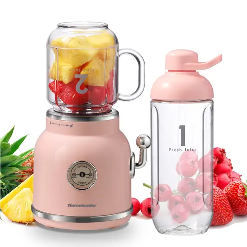 [Christmas Gift] Homeleader Retro Smoothies Blender - Personal Blender for Shakes, 6 Sharp Blades, 21oz Travel Cup with Lids, Pink, Easy Start, Chrome Lever, Multifunctional Juicer, Smoothies Blenders, Chrome Lever, Easy Start, Kitchen Appliances