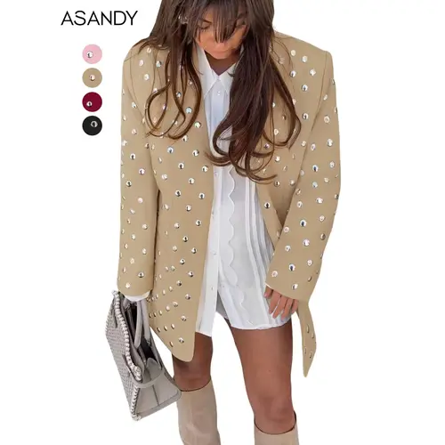 ASANDY Women's Oversized Studded Polyester Blazer Jacket - Long Sleeve Lapel Collar, Rhinestone Shine Embellished Streetwear, Lady's All-Season Elegance Outerwear for Festival, Elevated Casual Style, Studded Dots, Party-Ready Blazer For Nights Out, All Se