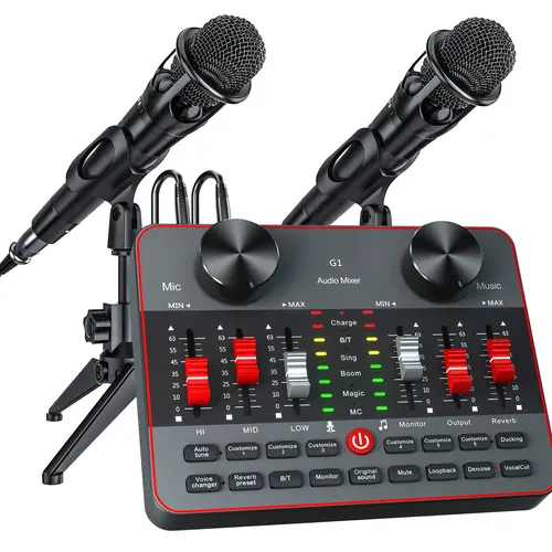 Tenlamp G1-E300 Live Broadcast Sound Card Kit, Podcast Equipment Bundle with two 3.5mm Condenser Microphone for Pc/Phone Live Streaming Singing Gaming, Sound Board with Voice Changer, Denoise