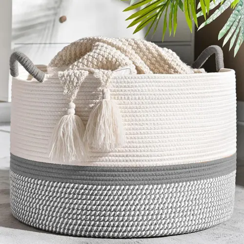 Large Cotton Rope Storage Basket with Handles, 20"x13" Woven Blanket Basket for Living Room, Laundry, Nursery, Pillows & Baby Toys, Grey/Brown