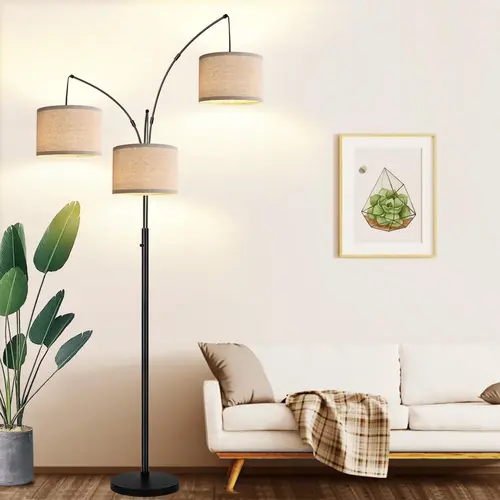 Hoodink Dimmable 3-Light Arc Floor Lamp - 1000LM Mid Century Modern Tree Lamp with Beige Shades, Heavy Base, 3x6W LED Bulbs (LED Only) for Living Room, Bedroom, House Decor, Unique Room Decorations, Lights, Lamps