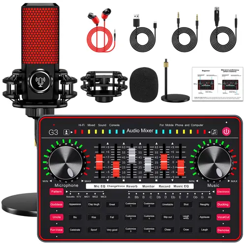 Tenlamp G3-Q8 Podcast Microphone bundle Live Sound Card Streaming Audio Mixer, Podcast Equipment with Voice Changer/Audio Interface for Live Streaming/Singing/Content Creation, with Voice Effects Soundboard