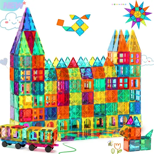[#SummerBrainGame] 60/100 pieces clear magnetic building tiles, fun 3D construction blocks perfect for kids summer indoor play. It inspires kids imagination and hands-on ability, ideal recreational educational toy to avoid screen time in vacation days.