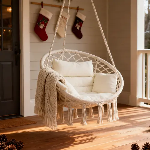 Holiday Haul Bohemian Hanging Swing Chair with Thick Cushion (Stand not included) - 330 lb Capacity, Cream White Hammock Chair ，Easy Assembly, Durable Fabric & Sturdy Metal Frame, Perfect for Bedroom, Porch, Adults, Balcony, Beige tiktokshop homeessential