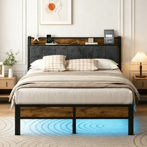 DAYAGO Multi-Sizes Upholstered Platform Bed Frame Set (King Size Option), LED Lights, Type C & USB Charging Station, Headboard, Metal Frame, No Box Spring Needed, Storage Bed, Assembly Required for Bedroom