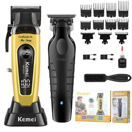 KEMEI km-90-4+2299 Professional Cordless Hair Clipper & Hair Trimmer - Ultra-Speed DLC Blade, Powerful Motor, Constant Temperature (Overheat Guard), USB Port Batteries, LED Display, ABS Construction, 3-Gear Adjustable, Youth Home Use Gift Box Edition