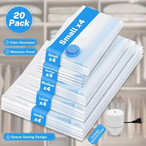 Lydia's Deal 20PCS Reusable Compression Vacuum Storage Bags with Electric Pump - Zipper Large Space Saving Compressed Bags for Travel, Home Organizers, Zipper Bag, Reusable Compression Bags