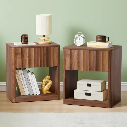 FurSch Fluted Nightstands Set of 2, Compact Bedside Tables with Drawer & Open Storage, Natural Wood Modern Side Tables for Bedroom or Sofa