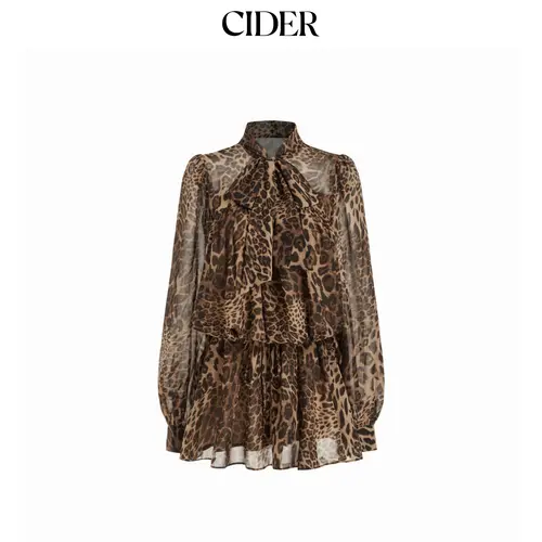 Cider Chiffon Leopard Print Stand Collar Ruffled Oversized Babydoll Mini Dress SohoChic