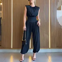 CHICME Women's Padded Shoulders Sleeveless Jumpsuit Side Slits With Buttons Cinched Basque Waist Hollow-out Back Wedding Guest Outfits Womenswear