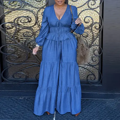 CHICME Women's 2 Pieces Outfit V-Neck Lantern Sleeve Multiple Drawstring Front Top and Elastic Waist Wedding Guest Wide Leg Pants Set Casual Ruffle Hem Denim Look Wedding Set
