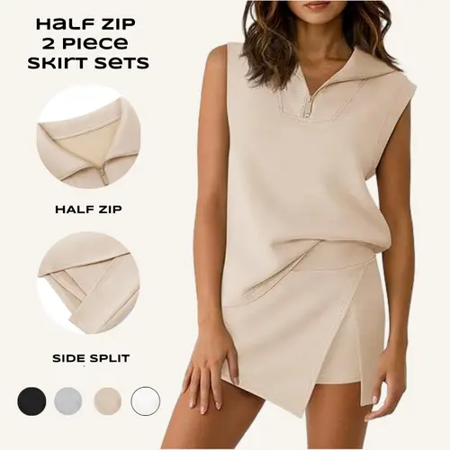 Imily Bela Womens 2 Piece Skirt Sets Summer Sleeveless Half Zip Sweatshirt Athletic Skorts Tennis Outfits Casual Sweatsuits