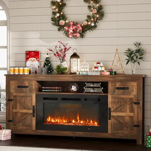 Aoxun Fireplace TV Stand with Barn Door for TVs up to 80", Farmhouse 70" Fireplace Entertainment Center with Storage Cabinets, White TV Stand and Black Fireplace White & Brown,,dorm essentials,home decor