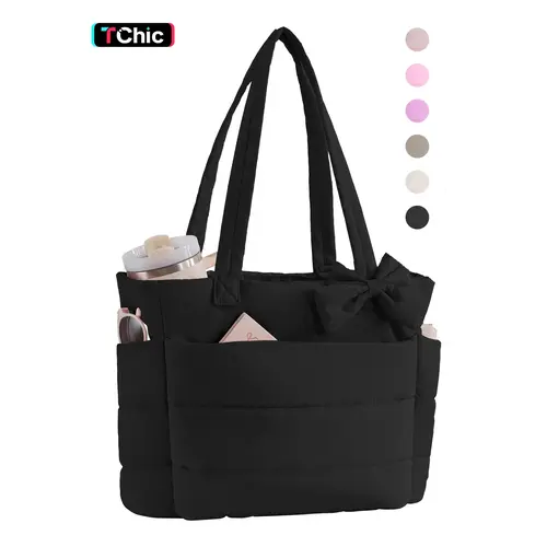 Tote Bag for Women, Quilted Bow Tote Bag, Lightweight Puffy Tote Bag with Compartments Shoulder Bag Handbag for Travel, Work, Gym | Lightweight, Puffy, Quilted, for Travel, Work, Valentine's Day, Christmas and Thanksgiving Day gifts, Quilted Tote Bags