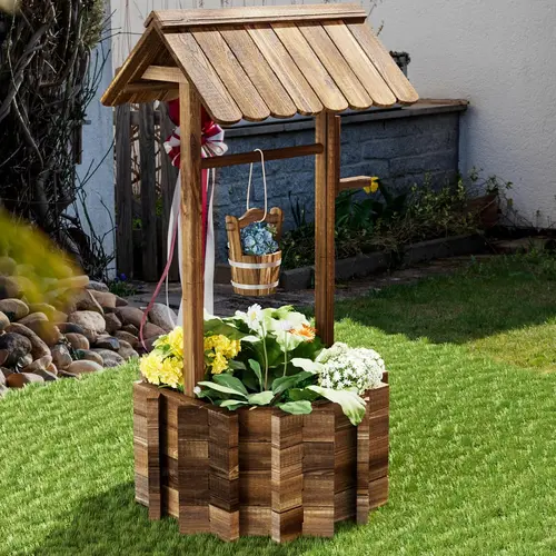 Aoxun High-Quality Fir Brown Wooden Wishing Well Planter with Adjustable Hang Hanging Bucket - Hexagon Outdoor Garden Pot, Garden Accessories for Farms, Patio Ornaments
