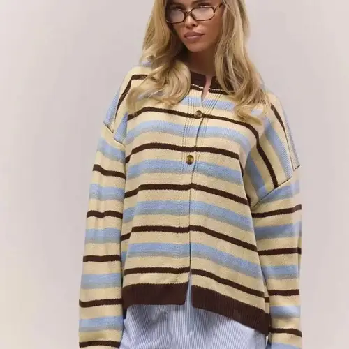 Women's Striped Vintage Colorblock Knit Cardigan, Fall Winter New Design, Unique Elegant Loose Fit Sweater, Casual Fashion Knit, Casual Versatile Round Neck Top