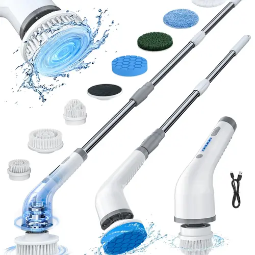 Cordless (Wireless) Plastic Electric Spin Scrubber Cleaning Tool - IPX7 Waterproof, 8 Heads, Extendable Handle, 2 Adjustable Speeds, Up to 100 Minutes Long Rechargeable Battery, for Home Sink Cleaning