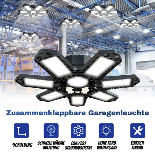 FOLDABLE GARAGE LIGHT 600W Deformable Bright Shop Ceiling Bulb Lamps E26/E27 6500k Barn Warehouse Garage Foldable 7+1 Panel Work Light Super Bright Illumination Easy Installation