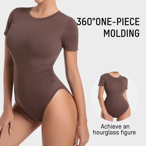 SHECURVE Coffee Minimalist Seamless Round Neck Short Sleeve Bodysuit Casual Crewneck Basic Womenswear Tops for Everyday Wear date night bodysuit Valentine's Day #SummerVibes