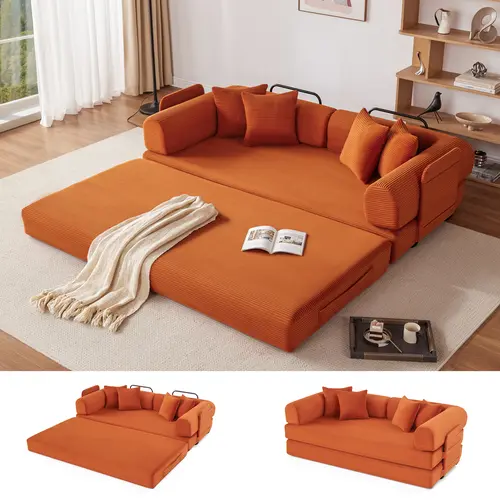 79" Convertible Sleeper Sofa Bed with 4 Pillows, 5-in-1 Corduroy Futon Couch for Small Spaces,Floor Modular Sofa with Fixed-Shape Frame,For Guest Bed & Kids Play Area with Washable Cover,teddy sofa for Adults,No-Assembly