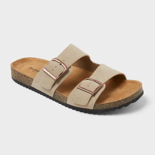 Men's 2-Strap Slip-On Sandals - Goodfellow & Co Classic Suede Comfy Style Mens Shoes, 100% Polyester, Brush-Clean Strapy Sandal