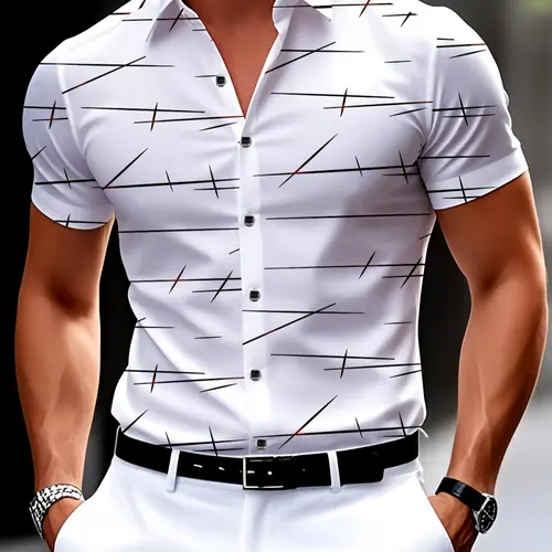 Men's Irregular Gold Embroidery Short Sleeve Shirt, Top, Casual Fitted Plain Design Print, All Seasons Wear, Stylish Men's Clothing, Menswear, Casual Summer Tops