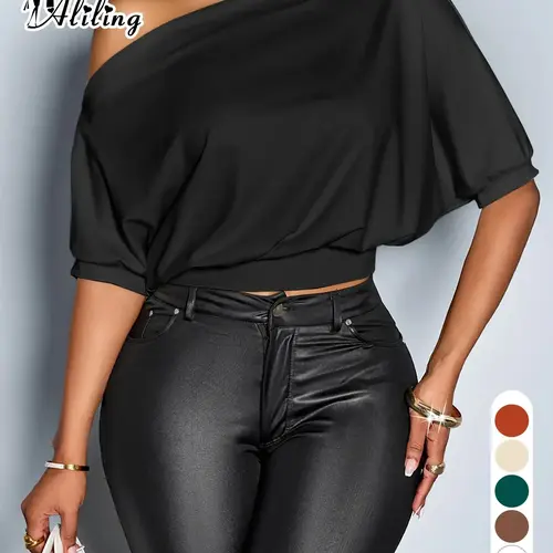 Aliling Elegant Sexy Women's Short Sleeve T-Shirt Off The Shoulder Neck Skinny Fit Cropped Top,Fashion Female Solid Daily Wear Top