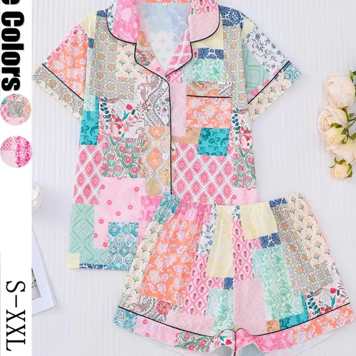 Women's Floral Print Pajama Set Pjs, Short Sleeve Button-Up Shirt and Elastic Shorts, Casual Loungewear, All-Seasons Comfortable Sleepwear, Pajama Lounge Sets