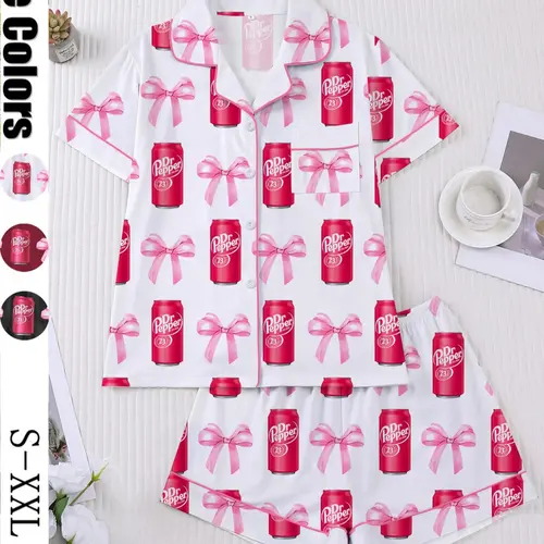 Women's 2-Piece Short Sleeve Sleepwear Loungewear Homewear Pajama Set, Sleepwear Sets, Soda Print, Soft Fabric, Elegant Casual, Comfortable Lapel Top & Wide Leg Shorts