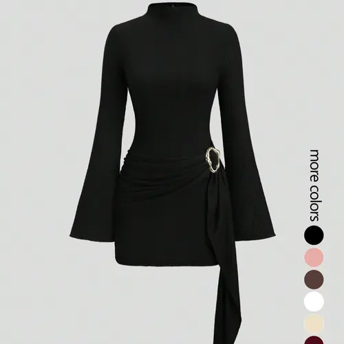 Women's Stand Collar Cinched Waist Minimalist Everyday Flare Sleeve Bodycon Midi Dress