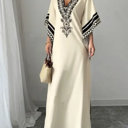 Women's Muslim Fashion V-Neck Batwing Sleeve Long Dress, Caftan, Arabian Dress, Kaftan Dress, Ethnic Pattern Loose-Fitting Dress, Casual Wear, Modesty Muslim Clothing, Modest Clothes, Women's Gowns for All Seasons