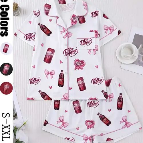 Women's Heart Bow Print Sleepwear Set, Short Sleeve Button-Up Top & Elastic Shorts, Casual Homewear Loungewear for Party #GLOBAL PICKS