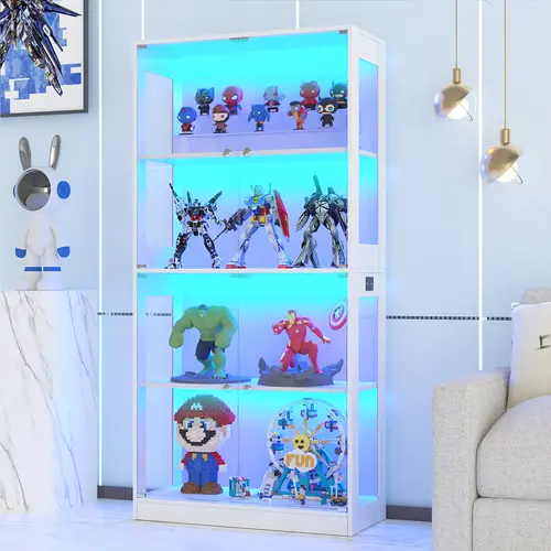 VOWNER Display Cabinet with Glass Door 4-5-Tier Curio Cabinet for Collectibles Trophy Glass Display Case with Human Body Sensor 3 Color Lights Bookcase Storage Cabinets for Living Room Study,#SohoChic