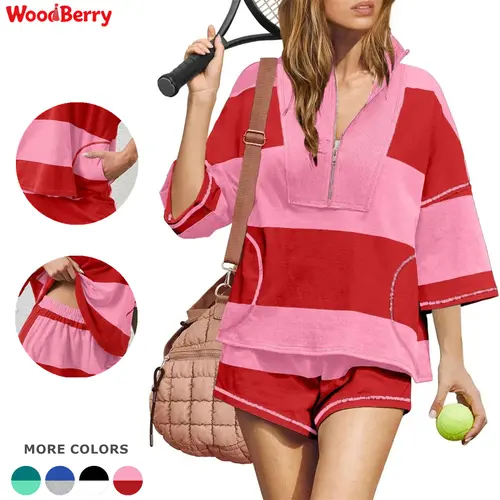 WoodBerry Women's Two Piece Workout Set Striped Short Sleeve Oversized Shirts Wide Leg Shorts Sets Summer Lounge 2 Piece Tracksuit with Pockets Tennis Sport Outfits for Daily summerwins