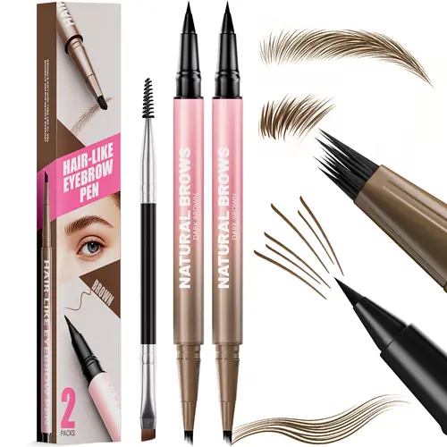 2-Pack Waterproof 4D Eyebrow Pens - 2-in-1 Fine Point Long Wear Pencils with Microblading Tip & Dual-End Eyeliner Brush for Sparse Brows, At-Home Makeup & Eyelash Line, Eye Brow Pens