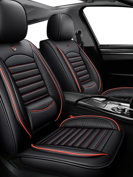 XIANGTA Waterproof Luxury Nappa Leather Car Seat Cover 5 Seats with Neck Support Pillows Full Coverage Universal Car Seat Cover Comfortable Durable Protector for All Cars car  gifts leathercar decor car stuff for women red stitching