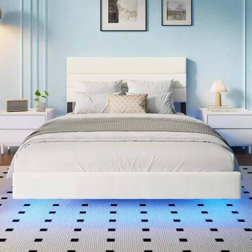 CollaredEagle Queen Size Wood-Metal Floating Bed Frame - Upholstered Blanc Headboard, USB Port Charging Station, Less Cords, Silent Op., No Spring Mattress Needed, Springless, Bunk Bed Compatible, Fits Any Mattress for Modern Bedroom