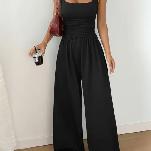 Women's Casual Fit Knitted Solid Square-Neck Jumpsuit, Basic, Fashionable, Comfortable, Soft and Versatile Wide-Leg Jumpsuit, Everyday Womenswear