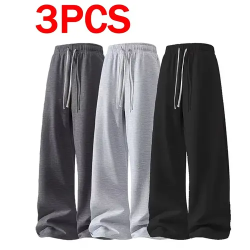 Men's 3-Pair Plain Joggers - 100% Polyester Lightweight Loose Straight Sweatpants, Drawstring, Side Pockets, Soft, Light Grey/Black/Dark Grey, 4-Season Comfort, Menswear for Sports, Gym, Casual Use, Grey Sweatpants