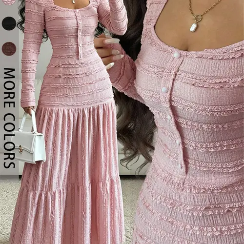 Women's Sweet & Elegant Ruffle Long Sleeve Square Neck Dress, Womenswear, Stylish Ladies' Formal Evening Wear, Perfect for Valentine's Day and Other Special Occasions