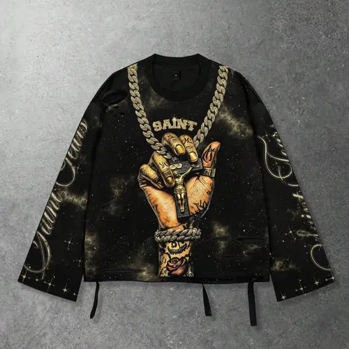 Men's Vintage Streetwear Style Saint Graphic Print Long Sleeve Round Neck T-Shirt, Loose-Fitting Short Fit, Cropped, Fall 2000s Fashion, Casual Loose, Menswear, Casual Loose Tee, Streetwear Graphic Tees