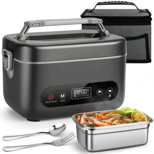 Cordless Heated Lunchbox - 1.2L Silicone & Steel Thermal Container, 20000mAh Rechargeable, Leakproof, 5-Sided Heating, Auto Temp Control, BPA-Free, Portable Meal Planning Tableware with Fork & Lid for Office-Camping,home essentials