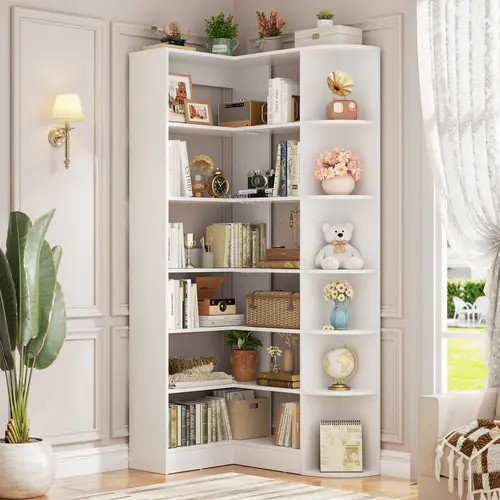 6-Tier Corner Bookshelf, 71" Freestanding L-Shaped Book Shelf with Baffle, Sturdy Corner Open Display Shelf Bookcase for Home Office Living Room